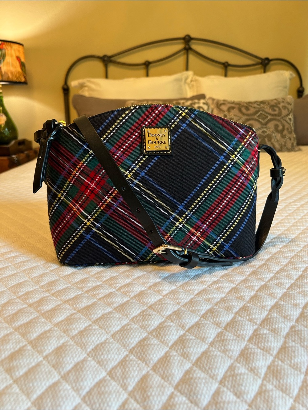 Dooney & Bourke Shoulder Bag in Plaid Fabric and Black Leather Accents - Picture 2 of 10